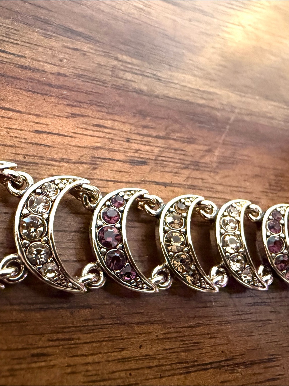 Monet Vintage Celestial Crescent Moon Link Bracelet - Purple & Topaz Rhinestones - Picture 5 of 8